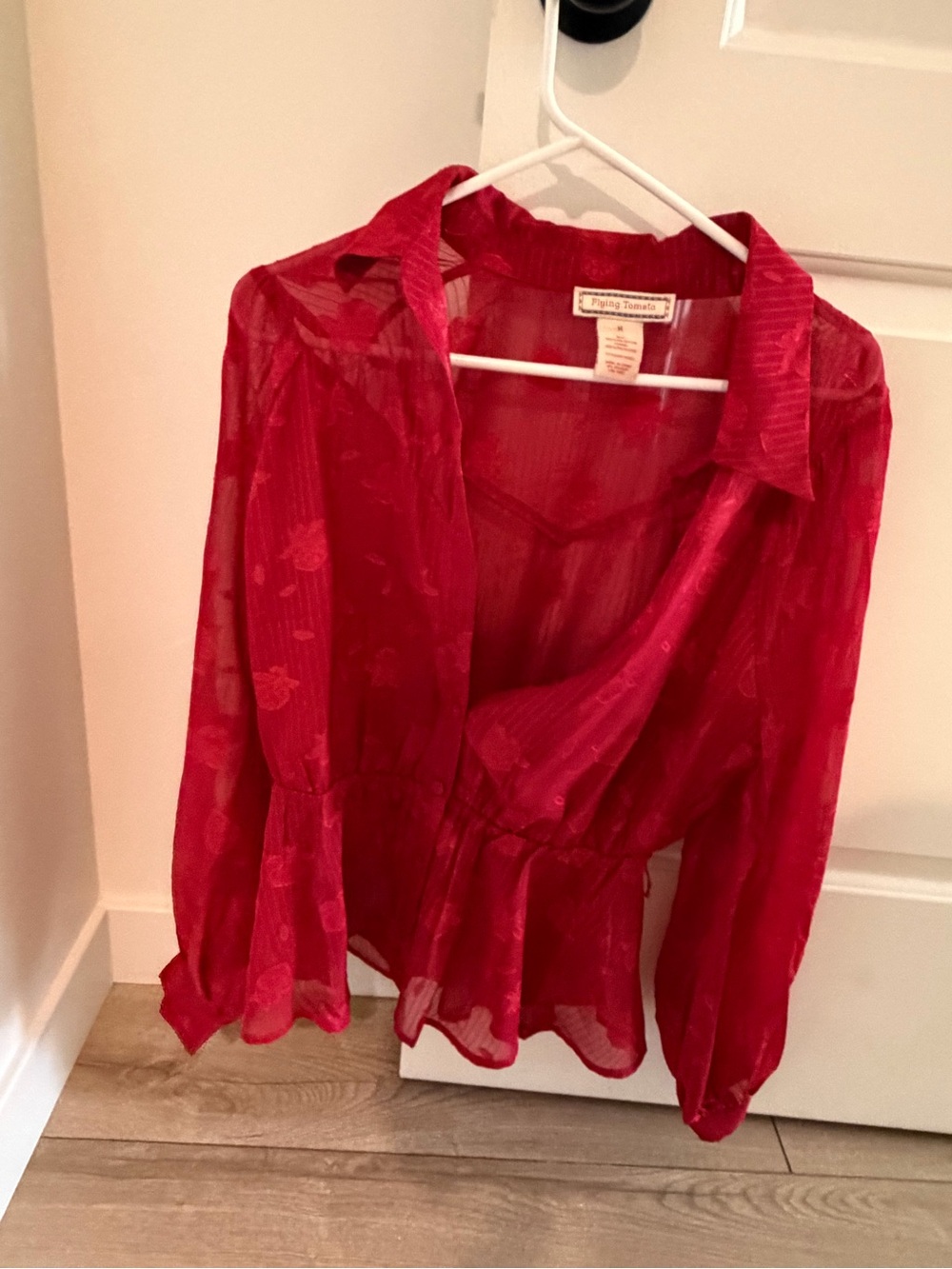 Flying Tomato Red Sheer Floral Wrap Blouse
